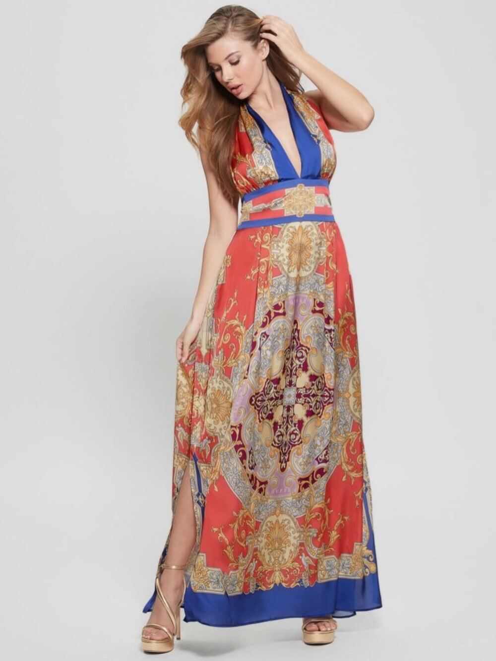 Guess | Blue, Red and Gold Halter Maxi Dress